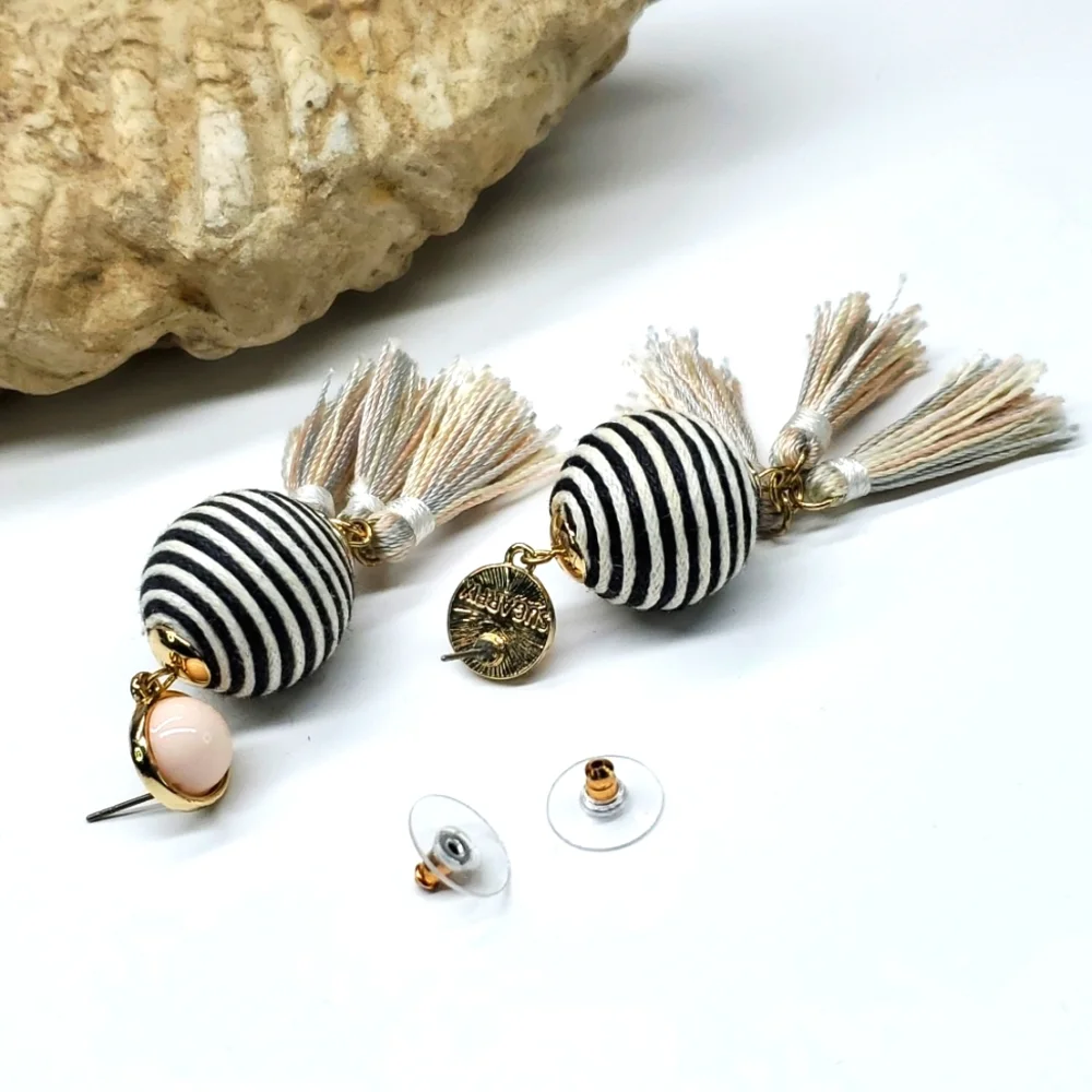 SugarFix Dangly Boho Earrings in Black White Stripped Pastel Tassels